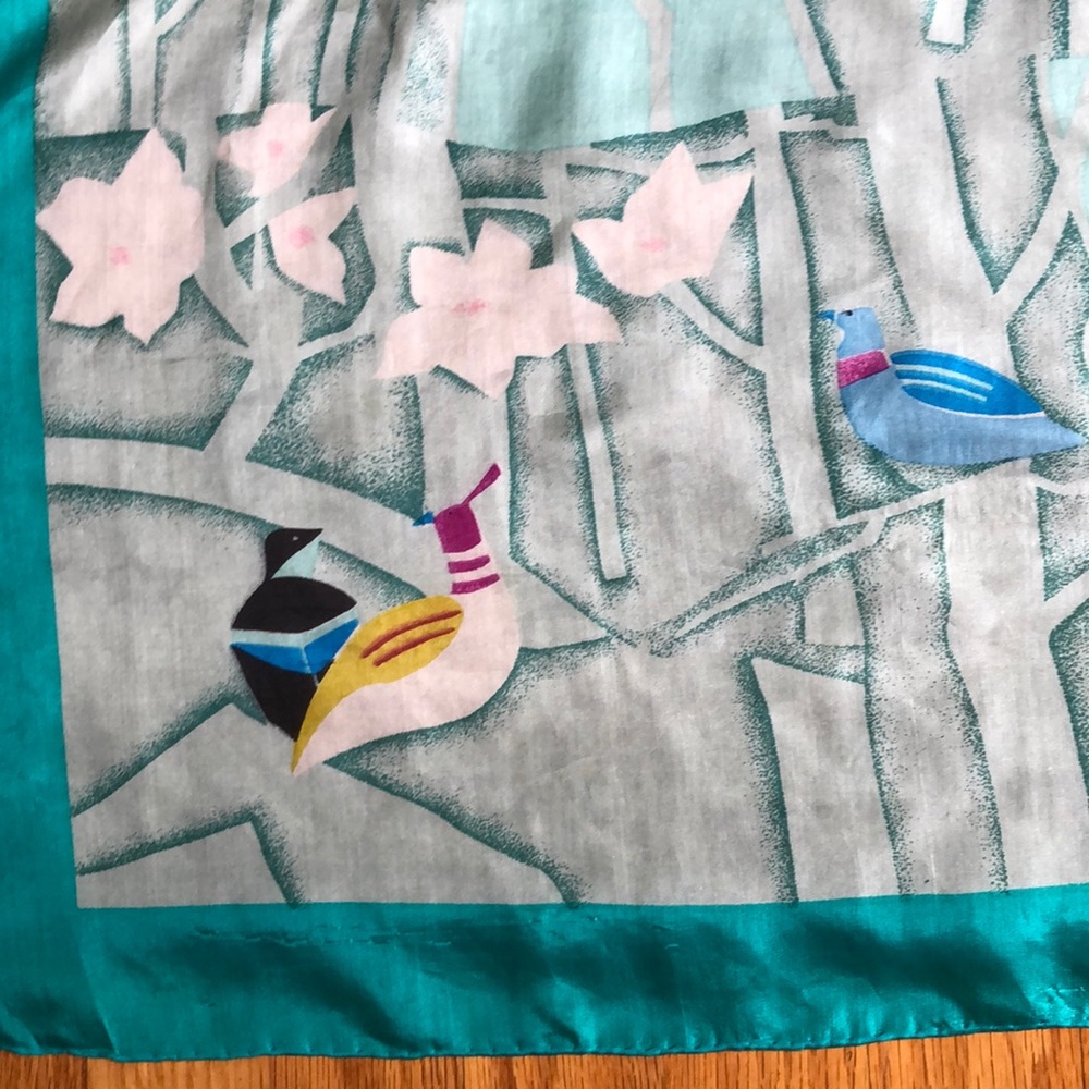 VTG Abstract Art Deco Avian Bird Flowy Silk Scarf Teal Waves Trees Square Retro - Picture 4 of 14